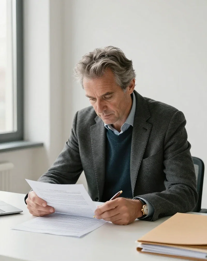 Un homme d'âge mûr examine des documents pour prendre une décision réfléchie et sereine.